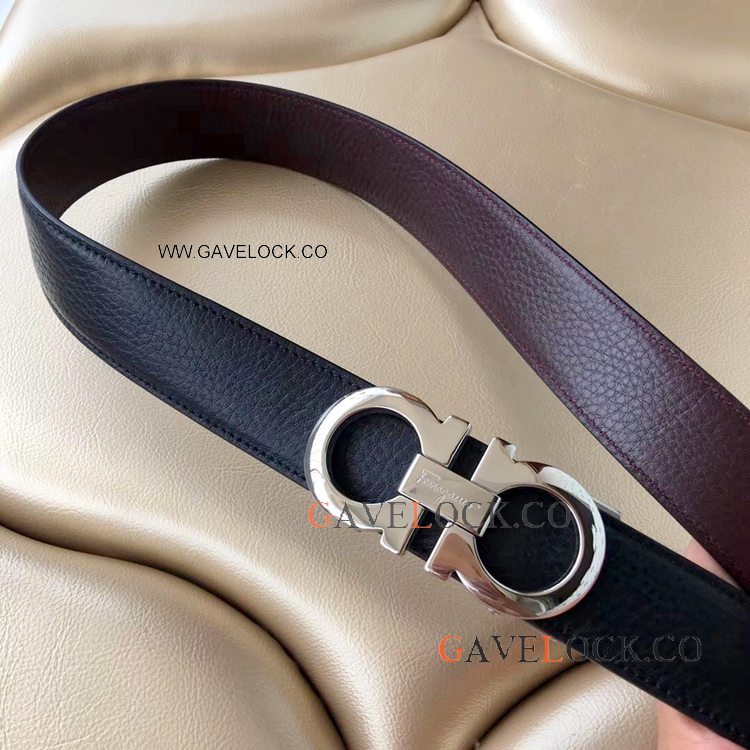 Copy Ferragamo Reversible Men Leather Belt Silver Buckle